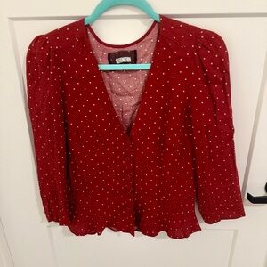 Reformation Burgundy Polka Dot Button Front Peplum Top Size 8 Viscose